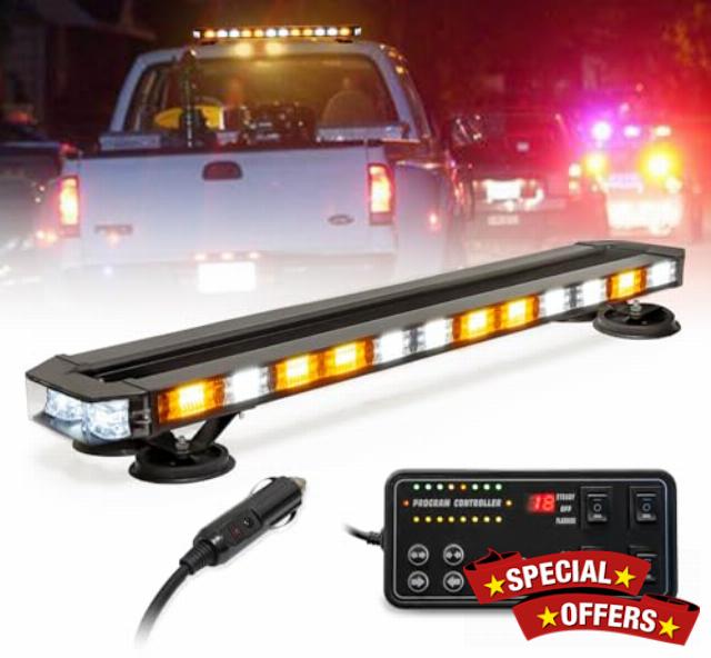 LUMENIX 31 Inch 168 LED Rooftop Strobe Emergency Lights Bar w/Controller Heavy-Duty Magnetic Mount Warning Flashing Traffic Lightbar for Construction Vehicles Tow Work Trucks Snow Plows - White Amber