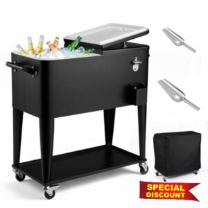 80 Quart Rolling Cooler Cart on Wheels with Protective Cover