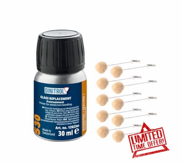 WOL DINITROL 530 WINDSCREEN FITTING ADHESIVE GLUE 30ML BLACK PRIMER GLASS + 10 BUDS DIN24