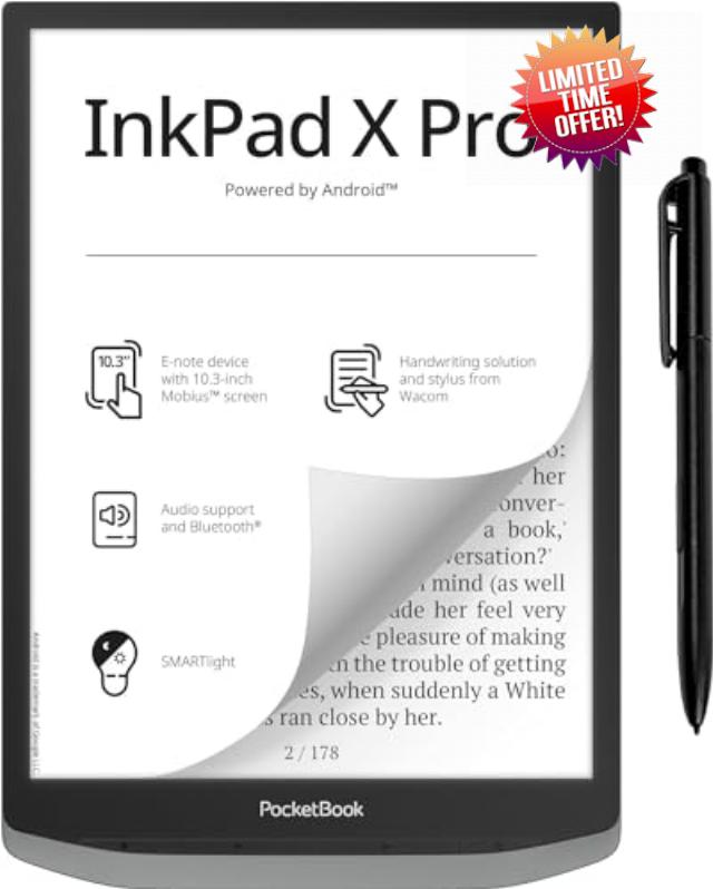 PocketBook InkPad X Pro E-Reader & E-Note | E-Ink Notepad | Handwriting-Feature & Pen | Glare-Free 10.3'' Mobius™ Screen | Powered by Android | SMARTlight | Audio- & E-Book Reader | Bluetooth & WiFi