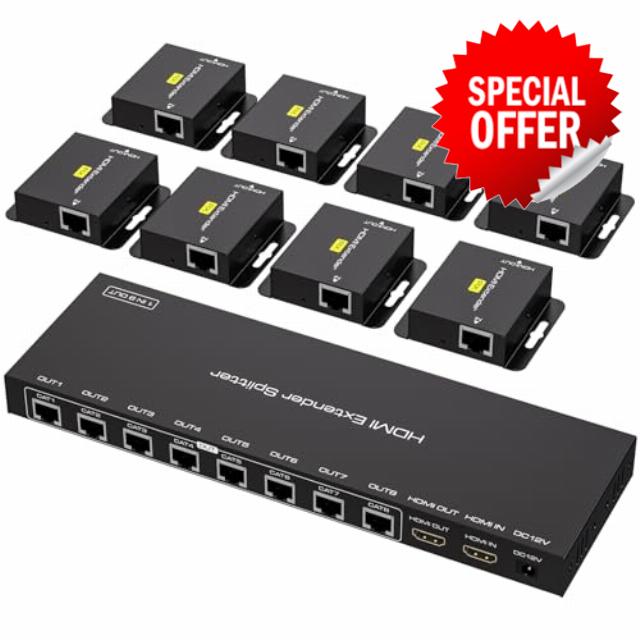 HDMI Extender Splitter Over Ethernet 1 in 8 Out Over Cat5e/6 Up to 165FT(50m) HD1080P 60Hz 3D with 1 Port HDMI Loop-Out Support EDID