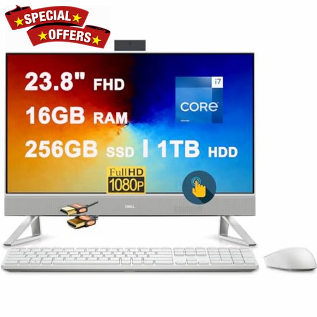 Dell Inspiron 24 5420 All-in-One Desktop 23.8" FHD AIT Touchscreen Intel 10-core i7-1355U Processor 16GB DDR4 256GB SSD + 1TB HDD USB-C HDMI Pop-up FHD RGB Camera Waves MaxxAudio Pro Win11 White