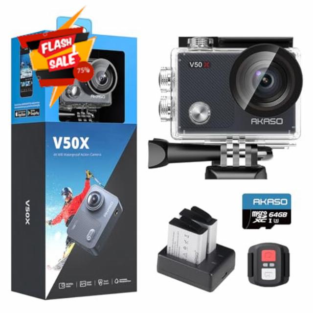 AKASO V50X Native 4K30fps WiFi Action Camera with EIS Touch Screen 4X Zoom 131 feet Waterproof Camera Support External Mic Remote Control with Helmet Accessories (with 64GB MicroSD Card)
