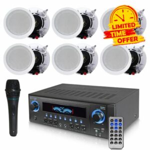 Technical Pro 1000 Watts Professional Home Theater Receiver System Kit w Portable Microphone with Digital Processing and Remote 6 Qty of 5.25” Ceiling Wall Mount Framed Speakers