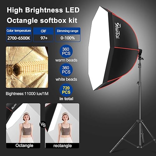 37" Octangle Softbox Photography Lighting Kit with 110W 2700-6500K 11000Lux Dimmable LED Prismatic Lamp and Remote Control