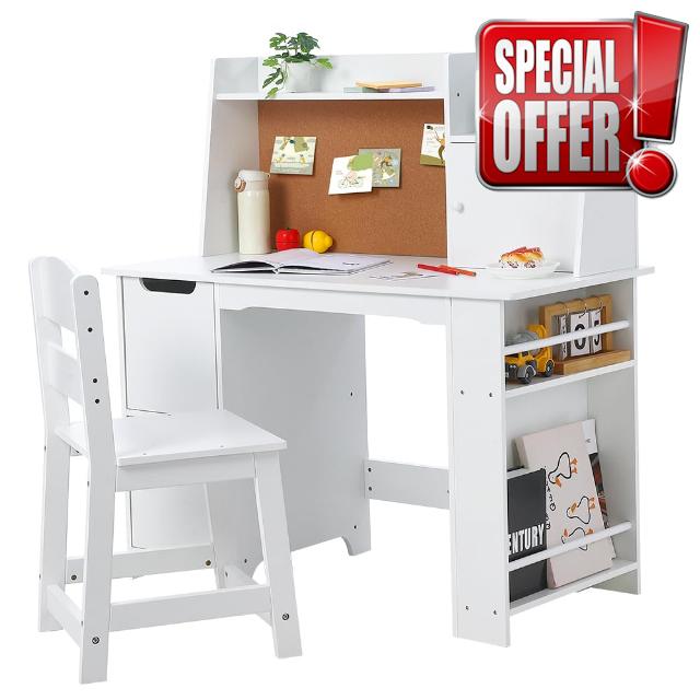 White Study Desk and Chair Set with Bookshelf