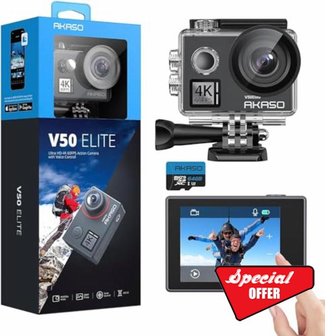 AKASO V50 Elite 4K60fps Touch Screen WiFi Action Camera Voice Control EIS 131 feet Waterproof Camera 8X Zoom Remote Control (with 64GB MicroSD Card)