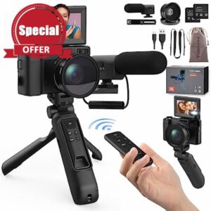 Digital Camera with Creator Accessory Kit 48MP 4K Video Camera for Vloggers Remote Control Autofocus Flip Screen Camcorder Photography Cameras with Tripod Grip