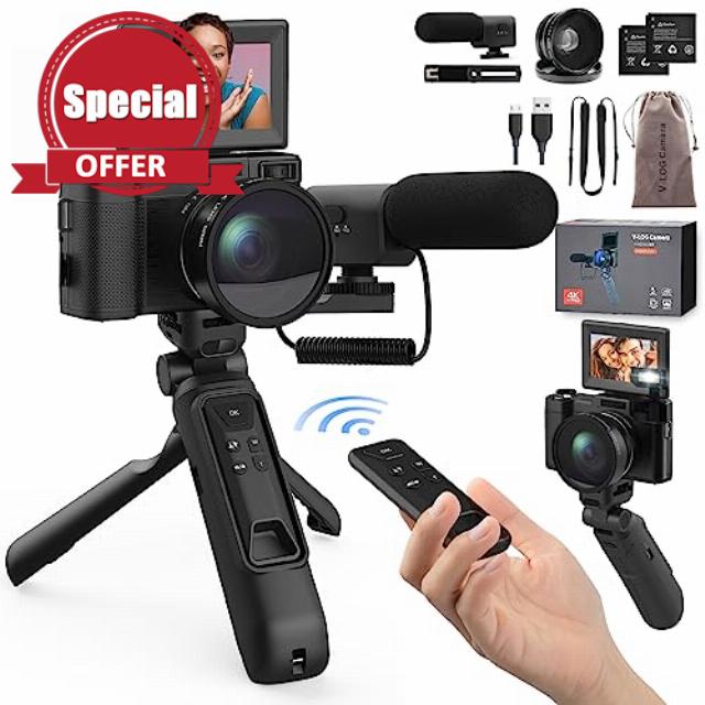 Digital Camera with Creator Accessory Kit 48MP 4K Video Camera for Vloggers Remote Control Autofocus Flip Screen Camcorder Photography Cameras with Tripod Grip