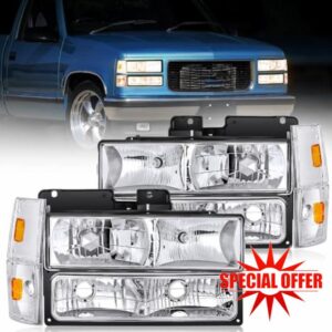 Nilight Headlight Assembly Compatible with 1988 1989 1990 1991 1992 1993 Chevrolet GMC C/K 1988-1993 Silverado Suburban Sierra Blazer Tahoe Yukon Chrome Housing Amber Reflector