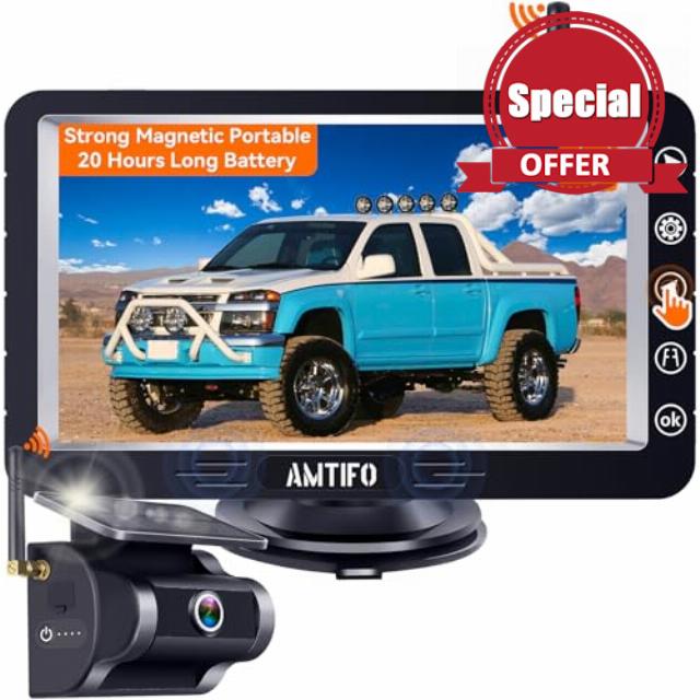 Magnetic Solar Wireless Backup Camera: Portable Voice On Off 20 Hours Long Battery Hitch Rear View Camera No Wires No Drilling 5'' HD 1080P Touch Key Monitor for Truck RVs Trailer Cars AMTIFO A26