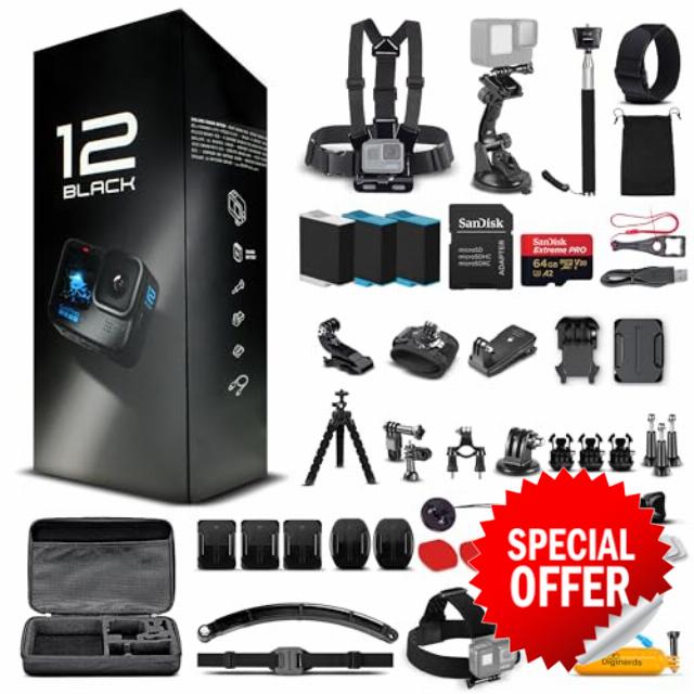 Go Pro HERO12 (Hero 12) Black - with 50 Piece Accessory Kit and 2 Extra Batteries + 64GB Card - Waterproof Action Camera - 5.3K HDR