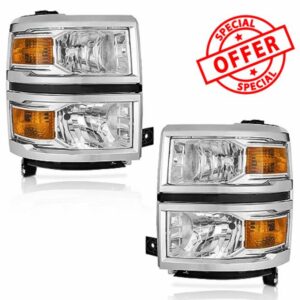 WEELMOTO Headlights Assembly For 2014-2015 Chevrolet Silverado 1500 Headlight Assembly Replacement For 2014 2015 Chevrolet Silverado 1500 Headlamp Chrome Housing Amber Reflector Left + Right Side