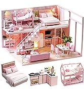CUTEBEE DIY Miniature Dolls House Kit, Wooden DollHouse with Furniture and LED Light, Model kits ...