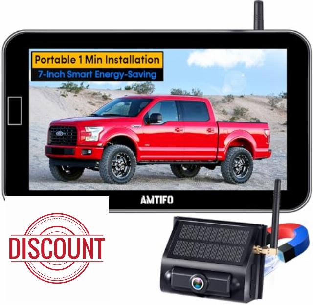 Magnetic Backup Camera Wireless Solar: Portable Auto Energy-Saving 7'' Zoom Truck Hitch Trailer Rear View Camera with Monitor Rechargeable Scratch-Proof Reverse Camera for Car RV AMTIFO A24