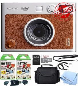 Fujifilm Instax Mini EVO Brown Hybrid Instant Film Camera Bundle with 40 Instant Film Sheets + 32GB microSD Memory Card + Small Padded Case + SD Card Reader + Model Electronics Cloth