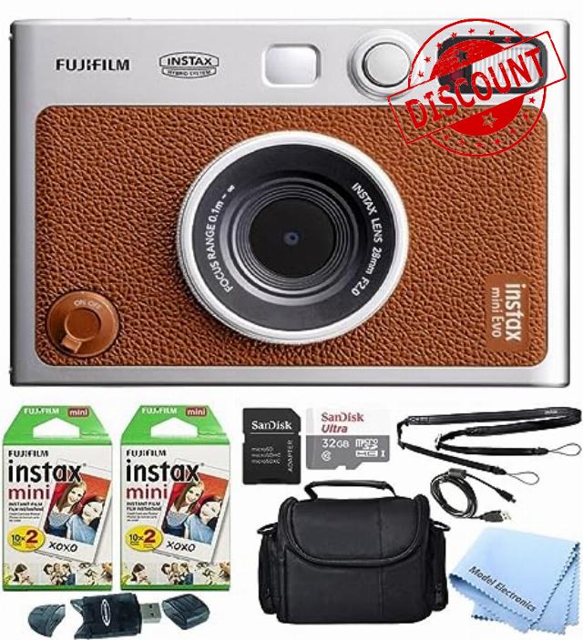 Fujifilm Instax Mini EVO Brown Hybrid Instant Film Camera Bundle with 40 Instant Film Sheets + 32GB microSD Memory Card + Small Padded Case + SD Card Reader + Model Electronics Cloth