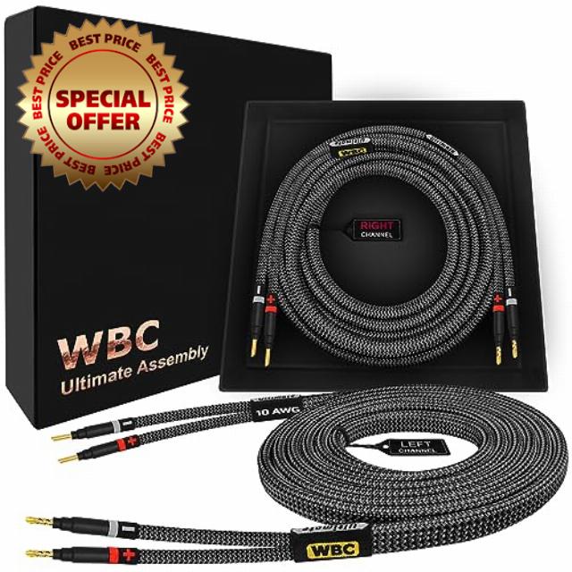 WORLDS BEST CABLES 5 Foot Ultimate - 10 AWG - Ultra-Pure OFC - Premium Audiophile HiFi Speaker Cable Pair with Eminence Gold Banana Plugs & Carbon Tweed Jacket