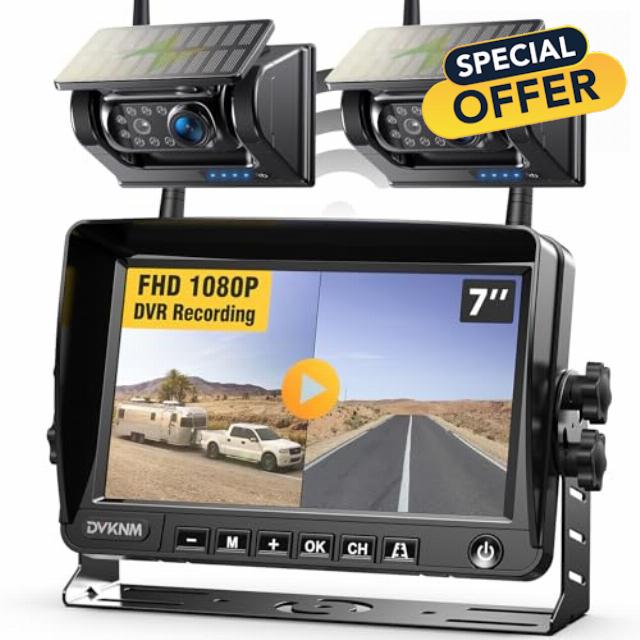 DVKNM 2 Magnetic Solar Wireless Backup Camera HD1080P 3 Mins DIY Installation DVR 7" IPS Monitor Rechargeable Reverse Camera System for Hitching Gooseneck Horse Trailer Fifth Wheels/Car RV Truck AP7-2