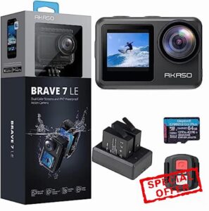 AKASO Brave 7 LE 4K30FPS 20MP WiFi Action Camera with Touch Screen EIS 2.0 Zoom Remote Control 131 Feet Waterproof Camera Support External Microphone + Kingston 64GB U3 MicroSDXC Memory Card (Bundle)