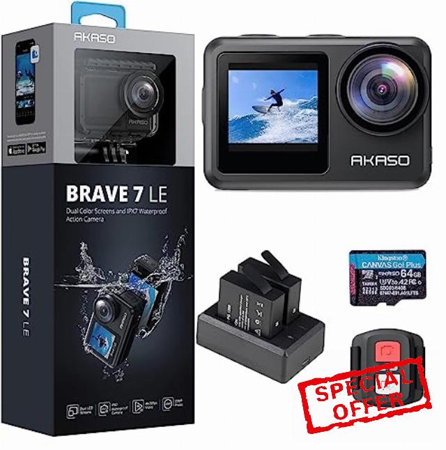 AKASO Brave 7 LE 4K30FPS 20MP WiFi Action Camera with Touch Screen EIS 2.0 Zoom Remote Control 131 Feet Waterproof Camera Support External Microphone + Kingston 64GB U3 MicroSDXC Memory Card (Bundle)