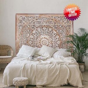 Queen Wood Headboard Rustic | Carved Full Headboard Only | Wooden Headboard Full Size Bed | Wall Mount Headboard Queen | Full Bed Headboard Panels (Manusa Antic