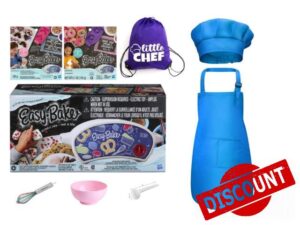 Easy Bake Oven Baking Bundle + Donut and Brownie Refill Mixes + Mini Whisk + Mixing Bowl + Measuring Spoon + Matching Hat and Apron Set + BONUS Drawstring Bag!