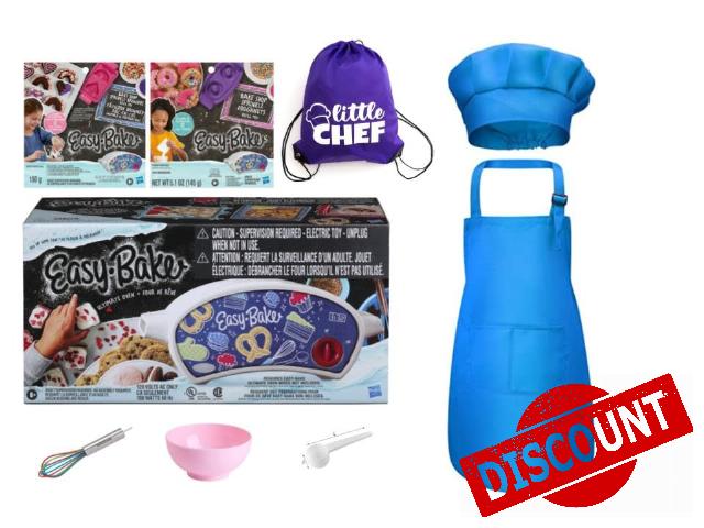 Easy Bake Oven Baking Bundle + Donut and Brownie Refill Mixes + Mini Whisk + Mixing Bowl + Measuring Spoon + Matching Hat and Apron Set + BONUS Drawstring Bag!