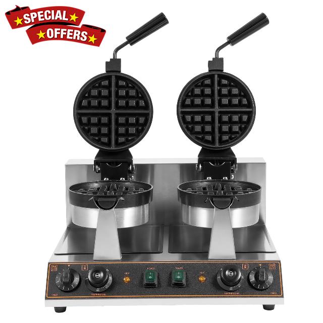 Commercial Waffle Maker - 110V 2600W Electric Waffle Making Machine Double Heads Non-stick Round Stainless Steel Waffle Iron Machine With 122-572℉ Temp Range and Time Control for Restaurant Snack Bar