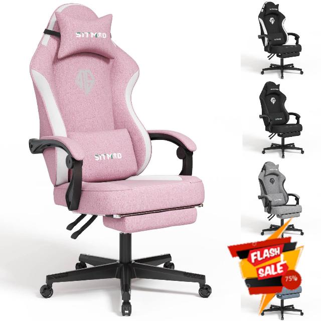 SITMOD Gaming Chairs for Adults with Footrest-PC Computer Ergonomic Video Game Chair-Backrest and Seat Height Adjustable Swivel Task Chair with Headrest and Lumbar Support(Pink)-Fabric