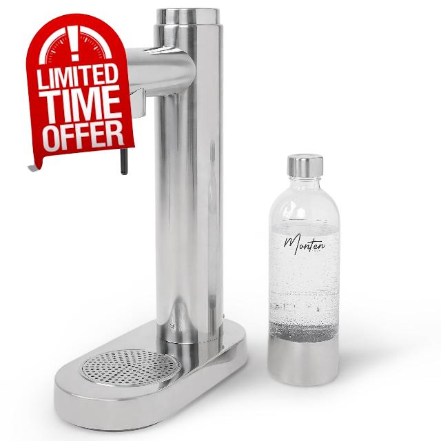 Monten Soda Sparkling Water Maker - Polished Steel Carbonator with 900ML Water Bottle - Crafted with Quality Steel Components - Compatible with All Major Brands - Screw in CO2 Cylinders Required