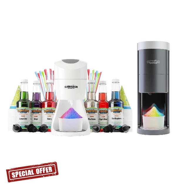 Hawaiian Shaved Ice Snow Cone Machine Kit with 6 Syrups and Accessories Bundled with HomePro Shaved Ice and Snow Cone Maker