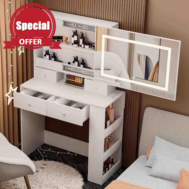 XVURO Vanity Desk with Lighted Mirror and Drawers