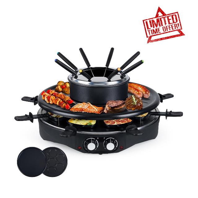 Saenchue Electric Table Grill - Indoor Non-stick Electric Round Grill Griddle - Reversible 3-in-1 Raclette Grill & Fondue Set for 8-Person