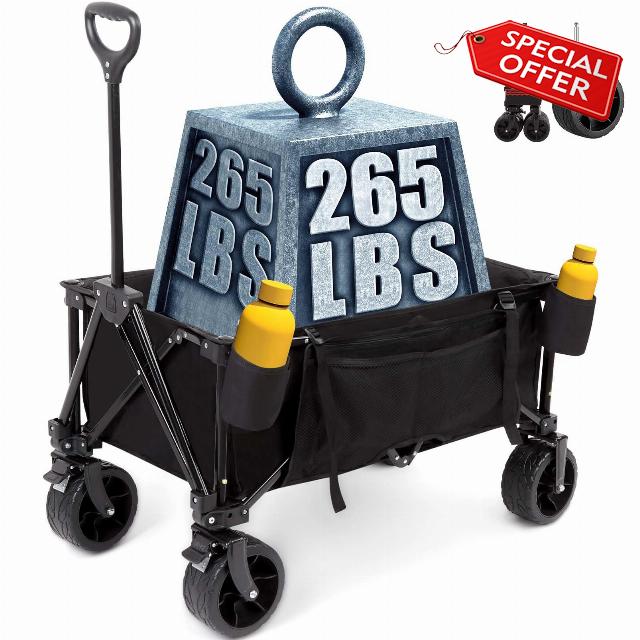 AKSOUL Foldable Wagon Cart with Wheels: Heavy Duty Removable Utility Big Wheel - Collapsible Large Folding Pull Cart 265lbs Weight Capacity for All Terrain Outdoor Camping Beach