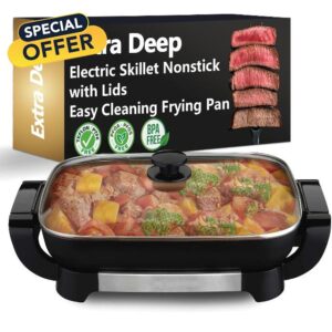 Electric Skillet Frying Pan Nonstick - 12"x15" Inch Extra Large Deep Fryer Pan with Lid for Family 4-6 People for Stew