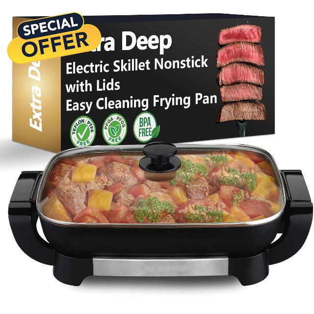 Electric Skillet Frying Pan Nonstick - 12"x15" Inch Extra Large Deep Fryer Pan with Lid for Family 4-6 People for Stew