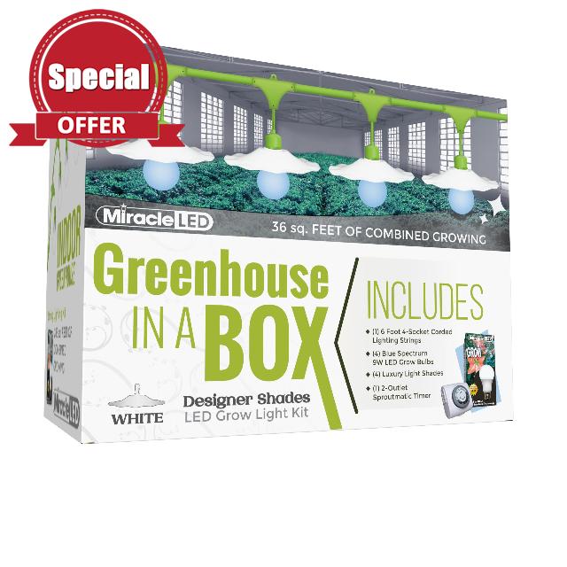 Miracle LED Greenhouse in a Box Indoor Grow Kit with White Designer Shade -Includes 4 Absolute Daylight Blue Spectrum 100W Replace Grow Bulbs & 1 4-Socket Hanging Lights with Shade & Timer