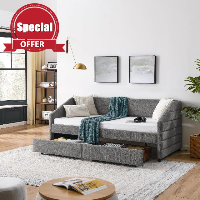 Favfurish Linen Upholstered Twin Size Daybed with Two Storage Trundle Drawers