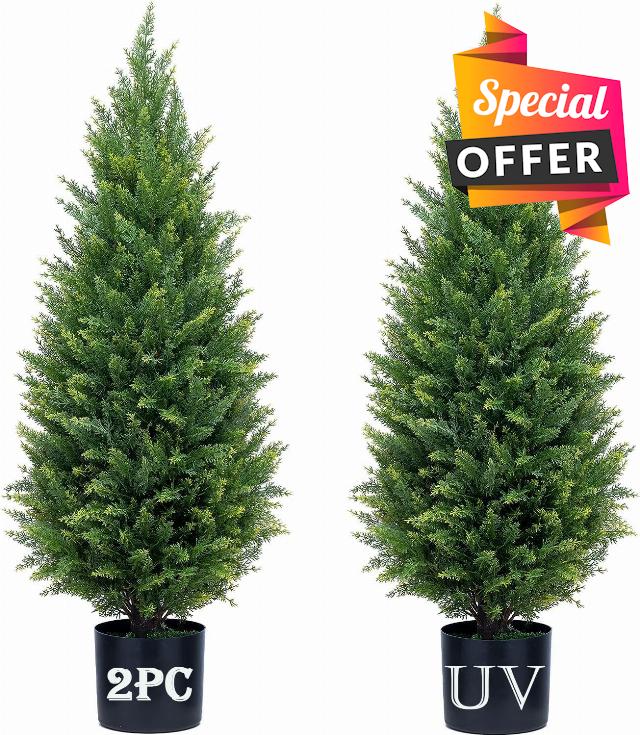 Two 3ft Artificial Cedar Topiary Trees