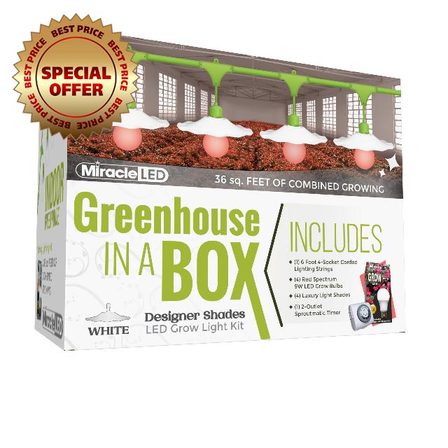 Miracle LED Greenhouse in a Box Indoor Grow Kit with White Designer Shade -Includes 4 Absolute Daylight Red Spectrum 100W Replace Grow Bulbs & 1 4-Socket Hanging Lights with Shade & Timer