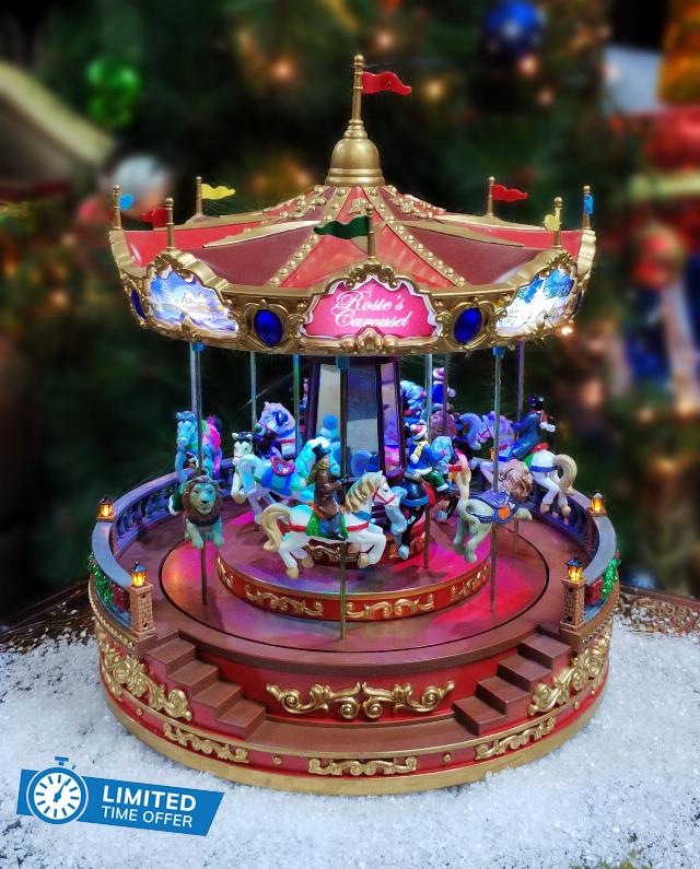 MOMENTS IN TIME 15.2“H Animated Rosie’s Carousel (Moving Carousel) - LED Lights