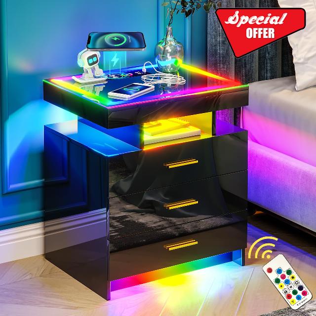 WOOVIVS LED Night Stand with Wireless Charging Station