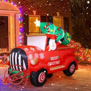 7.2FT Christmas Inflatable Santa Claus Drives Red Car with Christmas Tree Christmas Blow Up Yard Decoration Built-in LED Lights for Christmas Holiday Garden Lawn