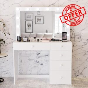 Boahaus Alana White Makeup Vanity Desk with Mirror and Lights