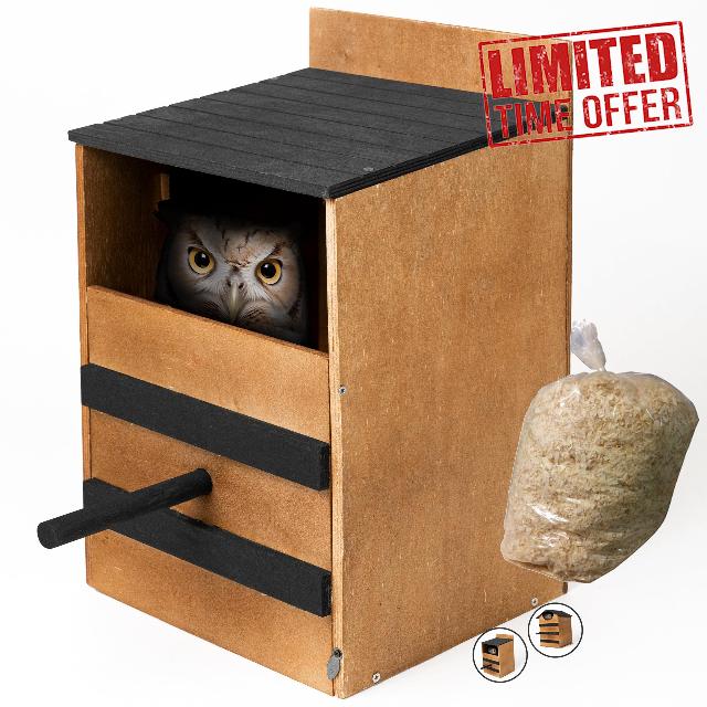 Kind Innovations Owl House DIY Easy Build Kit Owl Nesting Boxes Owl w/Perch Box for Outside Screech Owl Nesting Box Barn Owl bat Houses for Outdoors Owls Nest Squirrel Nesting Box (Flat Roof)