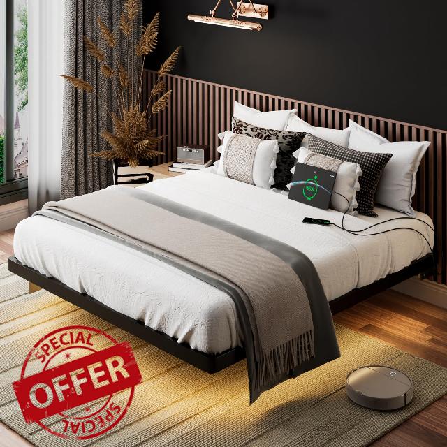 iPormis Queen Size Floating Bed Frame with Charging Station and LED Lights