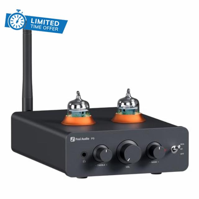 Fosi Audio P3 Tube Preamp Headphone Amplifier Home Audio Preamplifier Mini Vacuum Pre Amp Receiver with Bluetooth aptX LL HD Bass Treble Tone Controls for HiFi Stereo Active Speakers with RCA AUX Jack