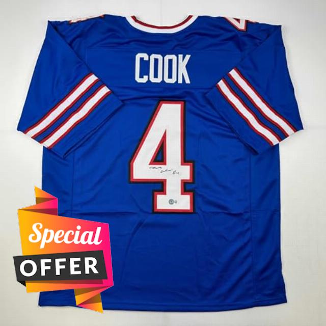 Autographed/Signed James Cook Buffalo Blue Football Jersey Beckett BAS COA