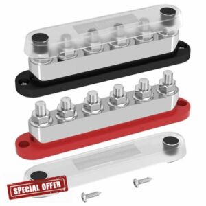 DaierTek 600A Power Distribution Block 12V Bus Bar Terminal Block 6 x 3/8" Terminal Studs 12 Volt Marine Bus Bar with Cover Positive & Negative for Automotive Car Boat Solar System